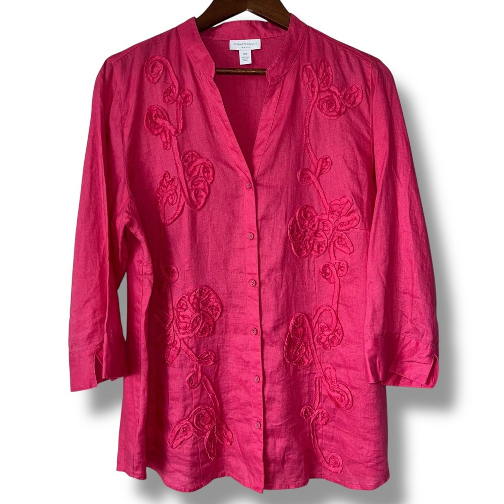 Charter Club Blouse 14W Blouse 1X Pink 100% Linen Floral Detail Button Up Tunic